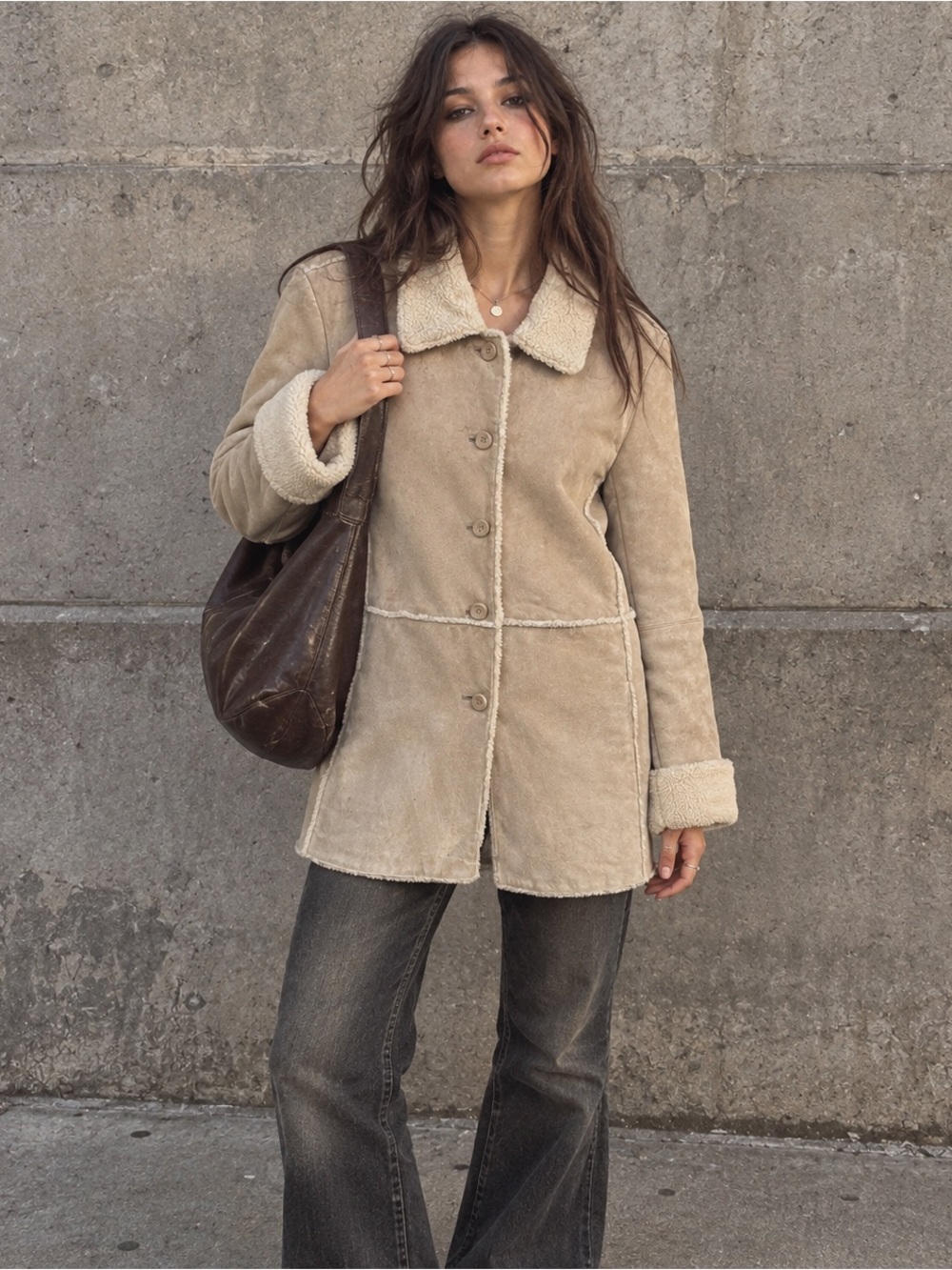 Women’s Shearling-Trim Suede Coat - Beige